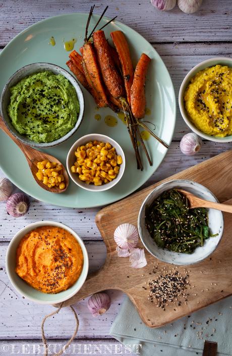 Dreierlei Hummus von Mais, Karotte und Spinat – Foodblogger Saisonkalender [Bloggernennung]