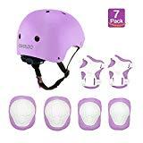 Skateboard Helm Kinder, COOLGOEU 7 in 1 Protektorenset Kinder mit Knieschoner, Ellenbogenschoner und Handgelenkschoner für Inlineskates, Skateboard, Hoverboard, Fahrrad, BMX-Fahrrad (Lila)