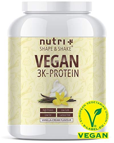Protein Vegan Vanille 1kg 84,6% Eiweiß - 3k-Proteinpulver - Nutri-Plus Shape & Shake Vanilla Cream - pflanzliches Eiweißpulver ohne Lactose & Milcheiweiß - Made in Germany