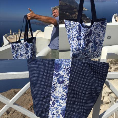 Blauweiße Geschichten – oder – Santorini, Strandtasche, Upcycling