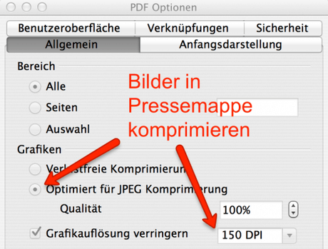 Pressemappe erstellen: Nutze PDF Export-Optionen in Open-Office, für kleinere PDF-Dateien