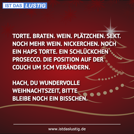 Lustiger BilderSpruch - TORTE. BRATEN. WEIN. PLÄTZCHEN. SEKT. NOCH MEHR...