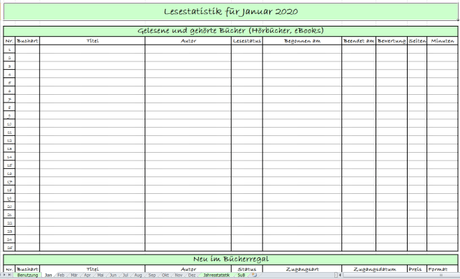 Excel-Tabelle für Lesestatistik 2020