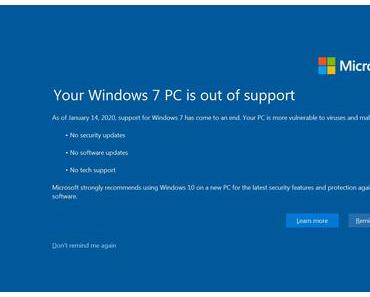 Microsofts Vollbildwarnung zum Windows 7-Supportende