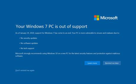 Microsofts Vollbildwarnung zum Windows 7-Supportende