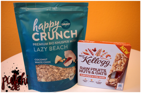 Davert Happy Crunch Coconut White Choc || W.K. Kellogg® Raw Fruit, Nuts & Oats Sunflower & Chia