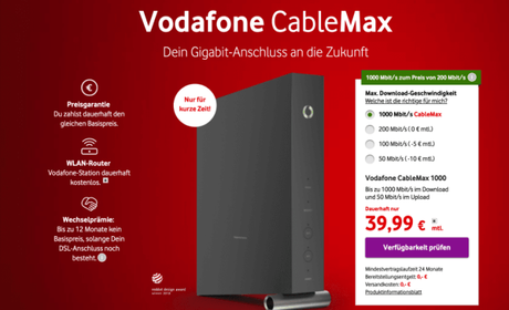 Vodafone Cable Max: Gigabit-Internet für 39,99 €