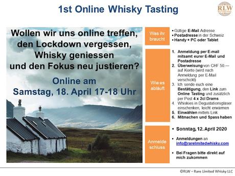 1st online Whisky Tasting - Samstag, 18. April 2020 17-18 Uhr