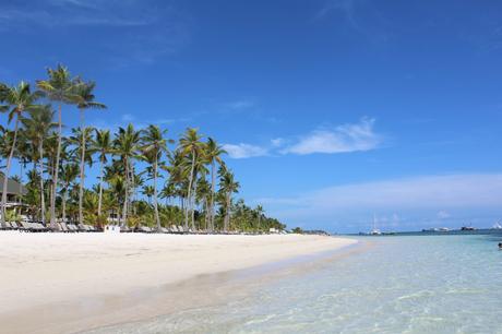 Wassertemperatur Punta Cana: Karibischer Strand bei Punta Cana mit Palmenhain, türkis-blauem Wasser, feinem Sand und Schiffen am Horizont