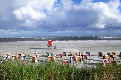 Wassertemperatur Langeoog: Blick über den bewachten Badestrand mit Strandkörben und Wachhäusschen beim Ort Langeoog, im Vordergrund Dünengras, im Hintergrund die Nordsee