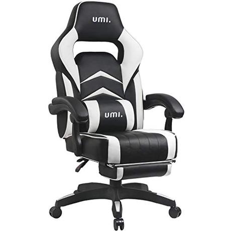 UMI Gaming Stuhl Bürostuhl Schreibtischstuhl mit Armlehne Gamer Stuhl Drehstuhl Höhenverstellbarer Gaming Sessel PC Stuhl Ergonomisches Chefsessel mit Fußstützen Weiß