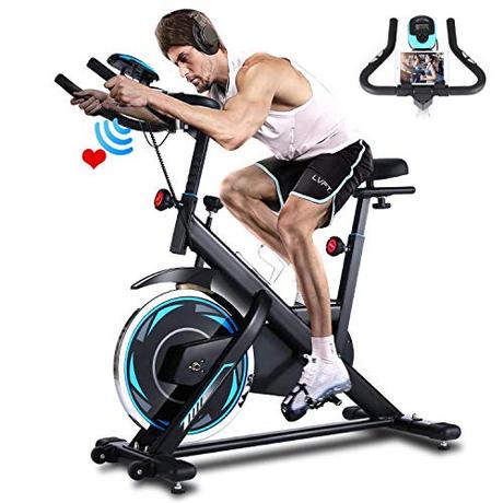 ANCHEER Heimtrainer, Indoor Cycling Bike Fitnessbike Mit Herzfrequenzmonitor & LCD Monitor, Bequeme Sitzkissen, Schwere Schwungrad Upgrade Version, Multi-Grips (Schwarz blau)