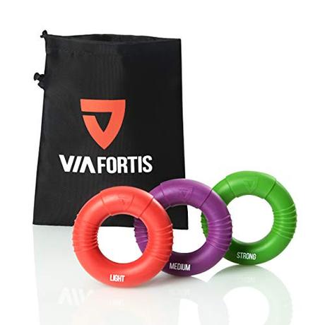 VIA FORTIS Premium Handtrainer – Fingertrainer Set aus 3 Ringen inkl. Tasche – Anti-Stress Griffkraft Trainer für stärkere Unterarme und besseren Griff