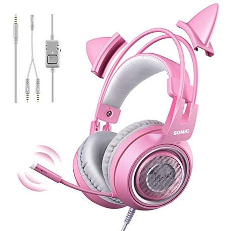 SOMIC G951S Rosa Gaming-Headset mit Mikrofon, Mädchen Frauen Rosa Katze Ohr-Kopfhörer mit...