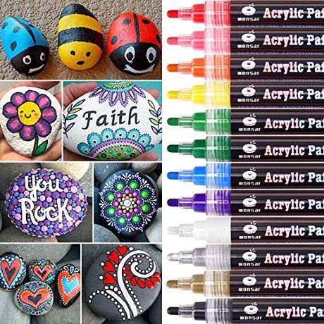 WONSAR Acrylstifte Marker Stifte, 12 Farben Wasserfest Acrylstifte für Steine Bemalen, Acrylfarben...