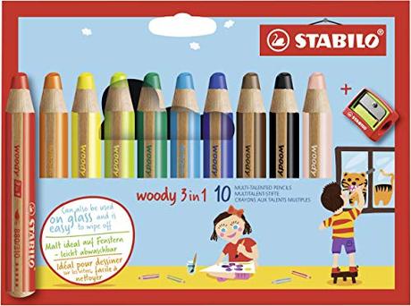 Buntstift, Wasserfarbe & Wachsmalkreide - STABILO woody 3 in 1 - 10er Pack mit Spitzer - mit 10...