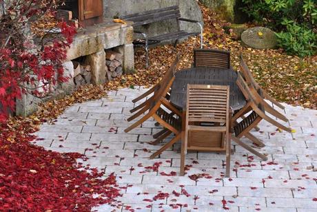 Ein Gartentisch steht inmitten von Blättern, die sich im Herbst von den Bäumen gelöst haben. 