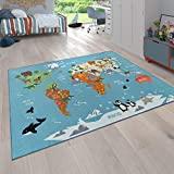 Paco Home Kinder-Teppich Für Kinderzimmer, Spiel-Teppich, Weltkarte Mit Tieren, In Grün, Grösse:140x200 cm