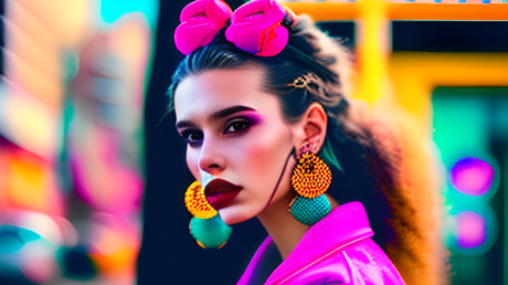 Leuchtende Persönlichkeit: Diese Frau setzt mit ihren neonfarbenen Scrunchies und Kleidung ein modisches Statement und bringt Farbe in den Alltag der 90er.