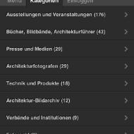 Smartphone-Version des Architekturfotoblogs, Screenshot des Kategorien-Menüs