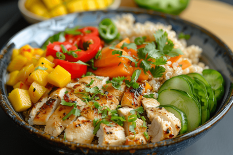 Hähnchen-Reis-Bowl mit Mango und Quinoa (High Carb High Protein)