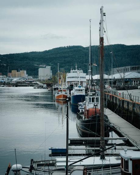 Mehrere Boote, die an einem Hafen angedockt sind, mit Hügeln und Gebäuden im Hintergrund unter einem bewölkten Himmel.