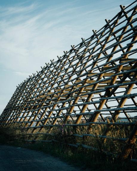 Ein hoher, rustikaler Holzlattenzaun steht auf einem Feld unter blauem Himmel.