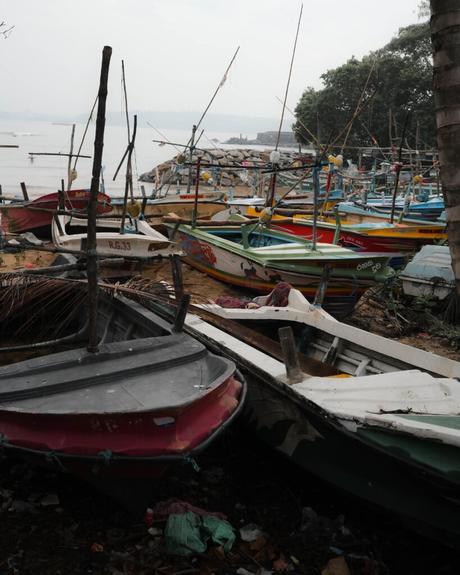 Bunte Fischerboote liegen an einem sandigen Ufer in der Nähe des Wassers, mit Bäumen und Felsen im Hintergrund.