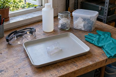 Arbeitsplatz mit Schutzbrille, Handschuhen, unbeschrifteter Flasche, gebrauchten Tüchern und einer Auffangschale mit Kunststoffteil.