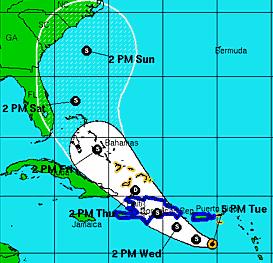EMILY immer weiter nach rechts - Kuba anscheinend ausser Gefahr - möglicherweise kein US-Impakt, Zugbahn, Hispaniola, Haiti, Dominikanische Republik, Bahamas, USA,  Karibik, Emily, Atlantik, Vorhersage Forecast Prognose, Puerto Rico, Sturmwarnung