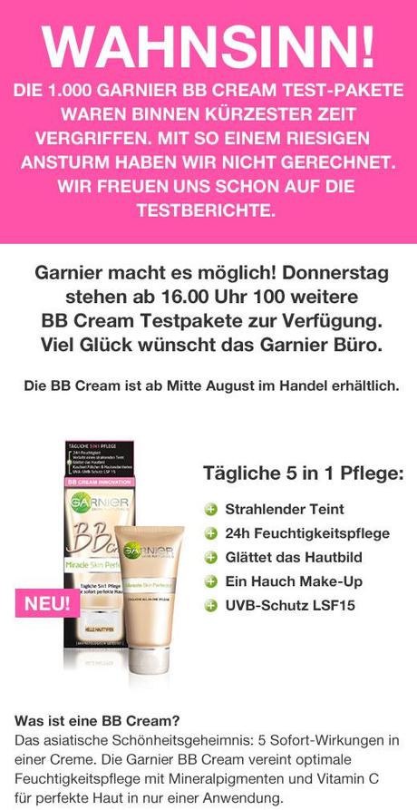 FB-Aktion von Garnier um 16 Uhr: 100 gratis BB Cream Testpakete