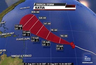 Tropischer Sturm KATIA vielleicht heute noch Hurrikan - Impakt Karibik immer unwahrscheinlicher, Vorhersage Forecast Prognose, Verlauf, Satellitenbild Satellitenbilder, Katia, August, September, Atlantik, 2011, Hurrikansaison 2011,