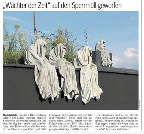 „Wächter der Zeit vom Künstler Kielnhofer“ auf den Sperrmüll geworfen. Kulturveranstalter LIVA Linz