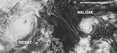 Taifun NESAT fast am Ziel (Hainan & Vietnam) - Tropischer Sturm NALGAE fast Taifun (Hurrikan) und unterwegs zu den Philippinen, Nalgae, Nesat, Satellitenbild Satellitenbilder, Taifun Typhoon, Taifunsaison, 2011, aktuell, Philippinen, Vietnam, Hainan, Verlauf,  Zugbahn, Vorhersage Forecast Prognose,