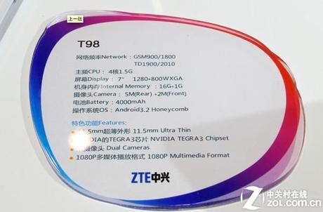 ZTE stellt erstes Quadcore-Tablet vor. ZTE T98 mit Tegra 3 Prozessor von Nvidia ausgestattet.