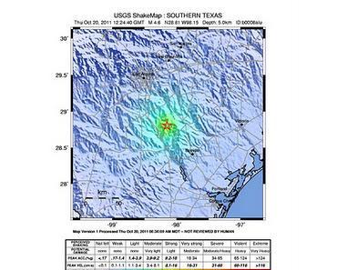 Erdbeben bei San Antonio, Texas am 20. Oktober 2011 mit Magnitud 4.6 Richterskala