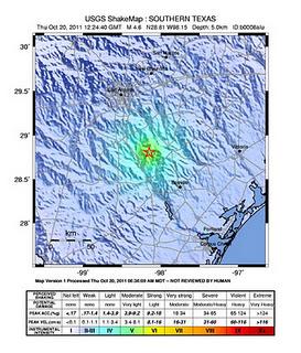 Erdbeben bei San Antonio, Texas am 20. Oktober 2011 mit Magnitud 4.6 Richterskala