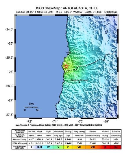 Erdbeben Chile Stärke 5,7 am 30. Oktober 2011 - keine Schäden oder Opfer gemeldet, Chile, Erdbeben Seebeben, Oktober, aktuell, 2011, 