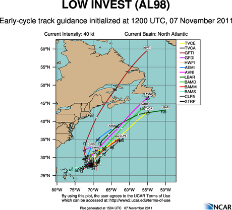 System 98L (potenziell Zyklon SEAN) bei Bermuda entwickelt sich - voraussichtlich nicht in die Karibik, sondern nach Neufundland, Sean, November, aktuell, Bermudas, Neufundland, Kanada, Hurrikansaison 2011, 2011, Zugbahn, Verlauf, Vorhersage Forecast Prognose, Atlantik, 