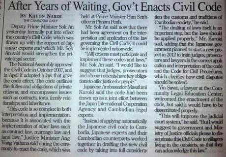 Cambodia: Civil Code enacted finally.
