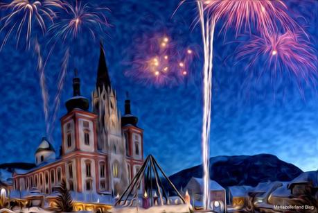 Silvester Mariazell Basilika - Bildmontage: Das Zünden von Feuerwerkskörpern ist innerhalb des Ortsgebiets verboten.