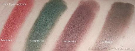 NYX Eyeshadows: Fahrenheit, Mermaid Green, Red Bean Pie und Iced Mocha