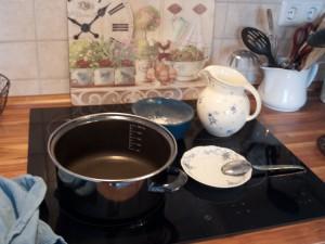 Zutaten für den Pudding bereitstellen, das Puddingpulver mit 6 EL Milch glatt rühren
