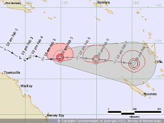 Tropensturm JASMINE erreicht voraussichtlich als Hurrikan die Inselgruppe Vanuatu, 2012, Februar, Australien, Australische Zyklonsaison, Jasmine, aktuell, Verlauf, Vorhersage Forecast Prognose, Zugbahn,
