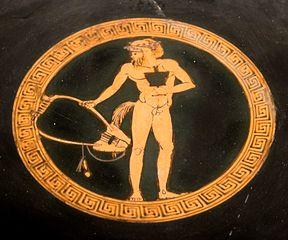 Satyr mit Kantharos und Lyra. Tondo eines Attisch-rotfigurigen Kylix, 460-450 v. Chr. Aus Vulci. (Wikimedia Commons)