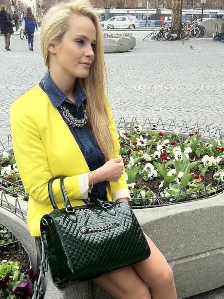 Tuesday to go: yellow blazer and jeans dress