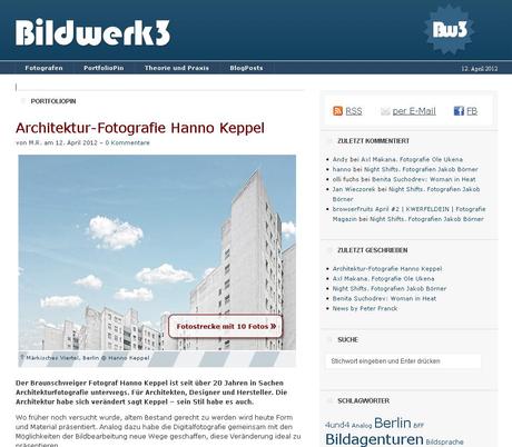 Screenshot des Online-Magazins Bildwerk3 mit einem Beitrag über den Architekturfotografen Hanno Keppel