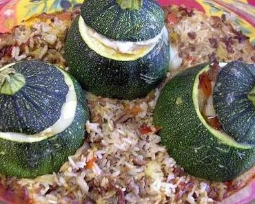 Runde Zucchinis auf Reisbett