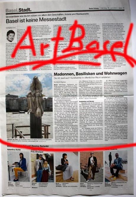 Baseler Zeitung zur Art Basel, Public art in Basel Faehre, Ferryman, Faehrmann, time guards, Waechter der Zeit by Manfred Kielnhofer