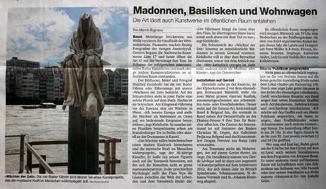 Baseler Zeitung zur Art Basel, Public art in Basel Faehre, Ferryman, Faehrmann, time guards, Waechter der Zeit by Manfred Kielnhofer